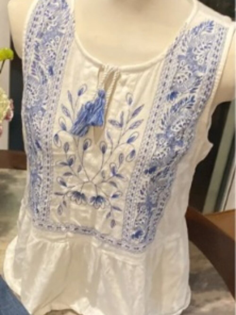 Lucky Brand embroidery peplum top with tassel tie Sz M